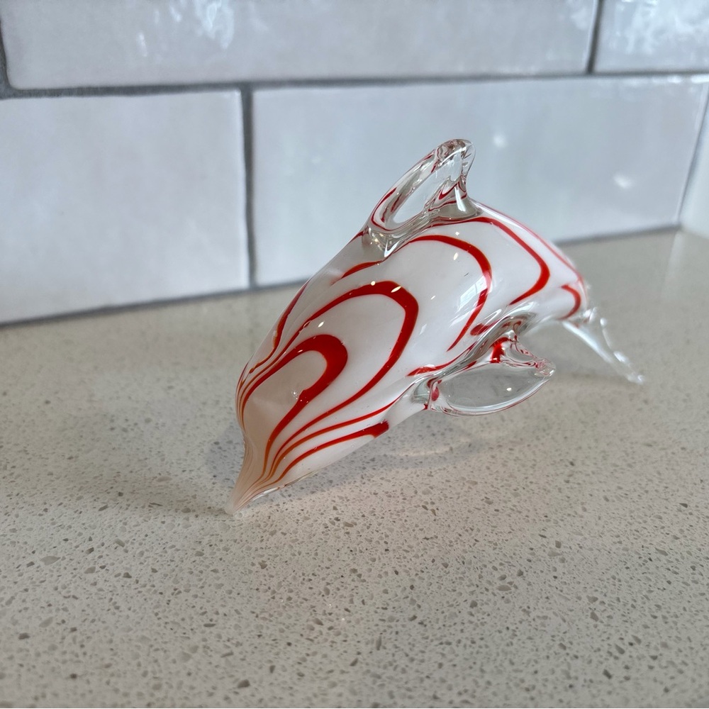 Vtg murano art glass dolphin red white nautical coastal